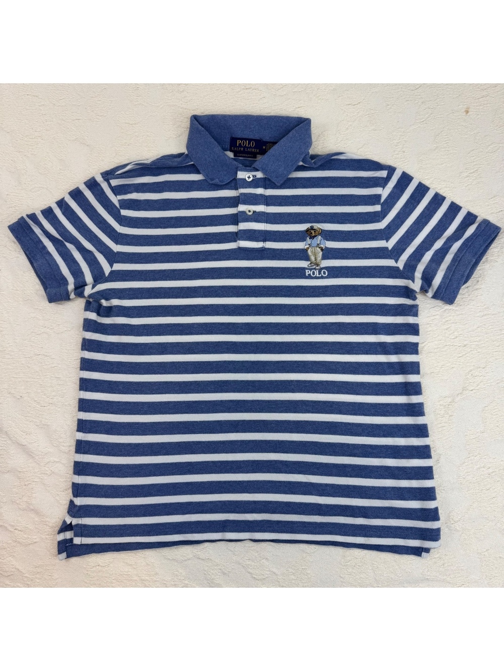 Polo Ralph Lauren Men’s M Hemingway Polo Bear Blue White Striped Polo Shirt